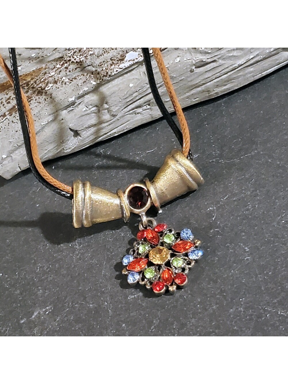 Rustic Antique Bronze Rhinestones Geometric Pendant Necklace Vegan Leather